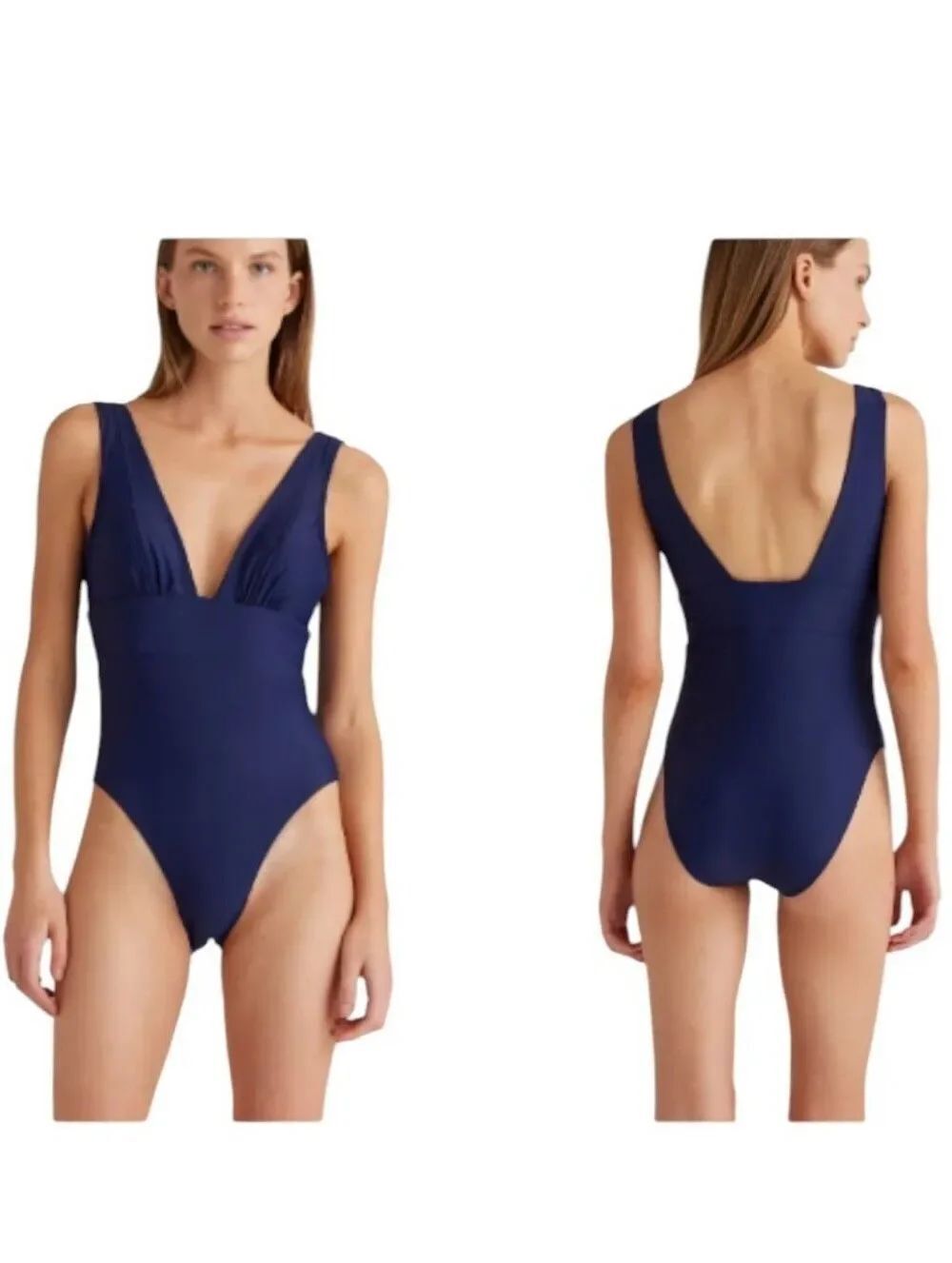 NWT Quince Italian Plunge One-Piece Swimsuit Dark Navy Blue Size XL